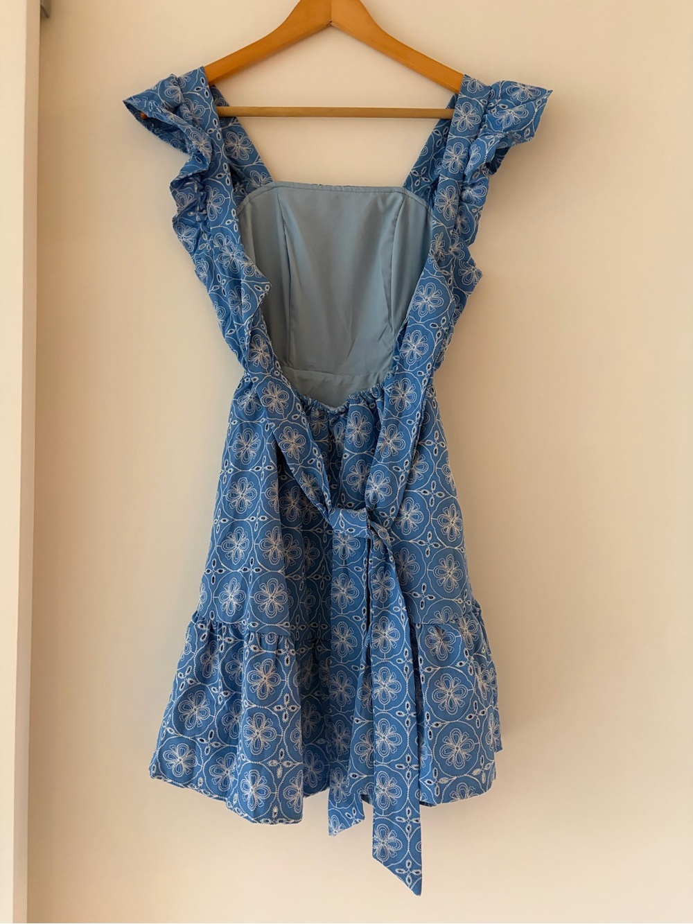 Blue stitch Patterned Ruffle-Strap Mini Dress - Picture 4 of 6